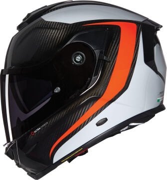 Nolan X-903 Ultra Carbon Intrigo N-Com Kask Siyah-Beyaz-Turuncu